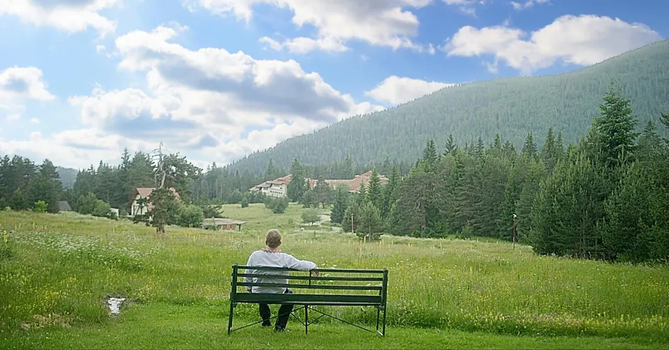 A quiet bench in the mountain meadows of Semkovo, with forested Rila slopes beyond.
